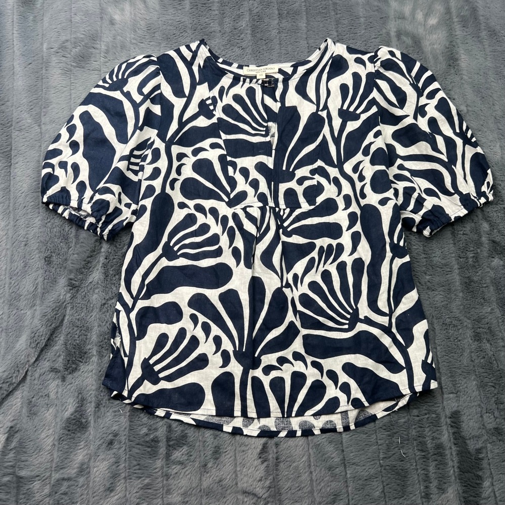 Christian Siriano New York Womens XS Linen Blend Puff Sleeve Blouse Navy Blue